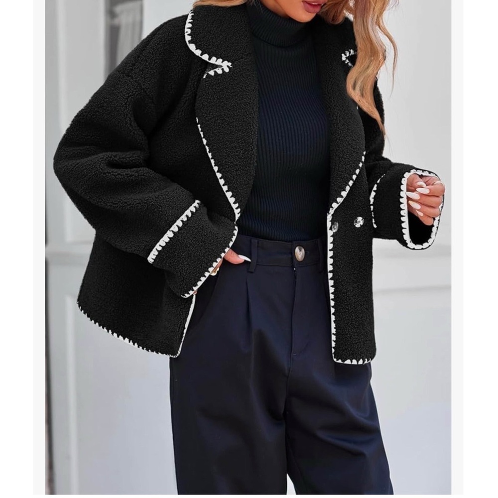 CHOUYATOU • Sherpa Fleece Jacket Casual Collar Fuzzy Coat Contrast Trims - Picture 3 of 7